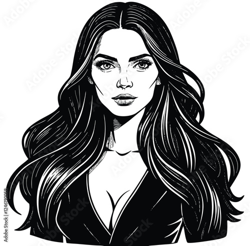 Vibrant woman with long hair advertised style trend concept portrait of winsome loveable images sign silhouette vector illustration 