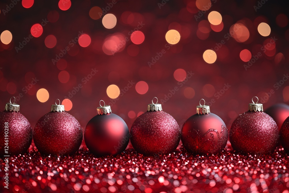 Elegant Red Christmas Ornaments Against Sparkling Bokeh Background Elegant Red Christmas Ornaments Against Sparkling Bokeh Background