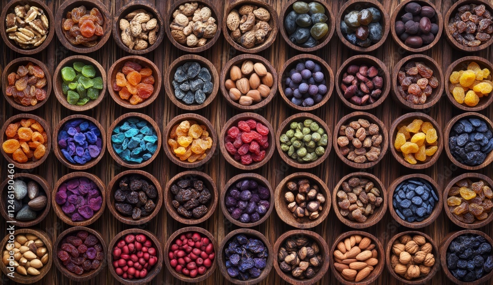 Colorful dried fruit & nuts in bowls on wood, overhead Colorful dried fruit & nuts in bowls on wood, overhead