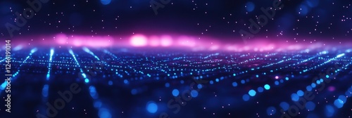 Futuristic digital grid with glowing blue and pink luminance in a starry sky