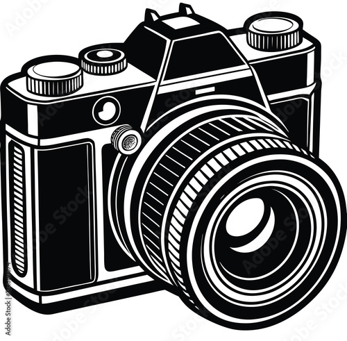 A black and white drawing of a film photo camera sketch doodle vector image icon illustration outline in sleek design. Photographer photography camera in stroke or line shape.