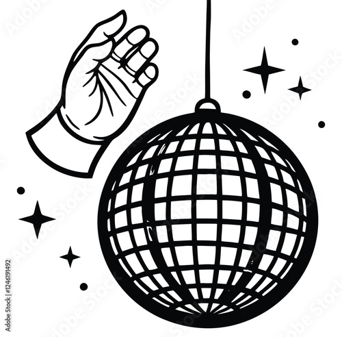 Caged disco ball sphere and round disco ball globe illustrate a global network concept. Hand holding a round 3D globe mirrored disco sphere, a global icon of round decoration, reflects a 3D disco ball