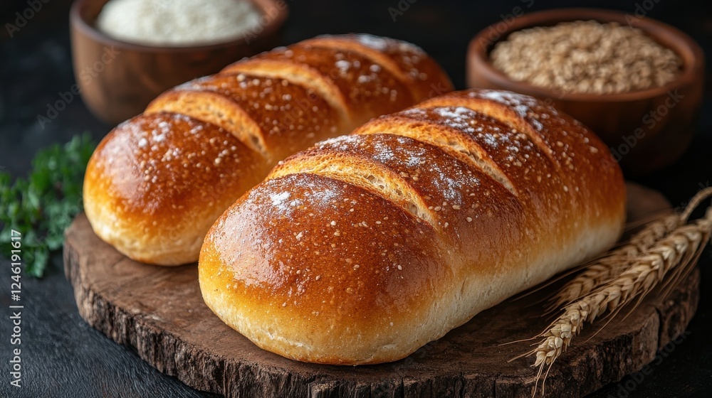 freshly baked bread and wheat on rustic wooden background top view freshly baked bread and wheat on rustic wooden background top view