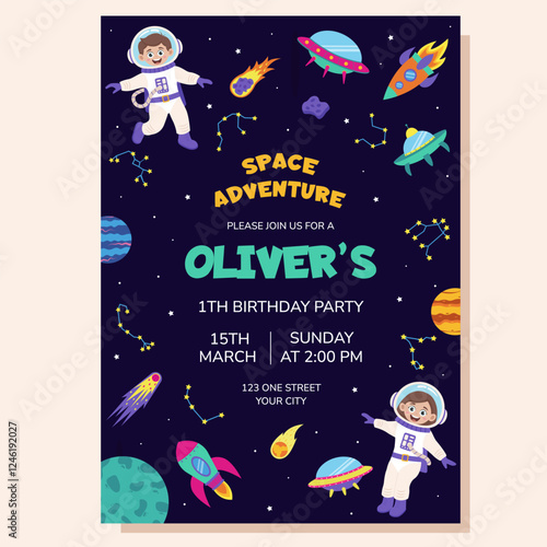 Space invitation for birthday party. Space elements and children astronauts. Poster, postcard, greeting card.