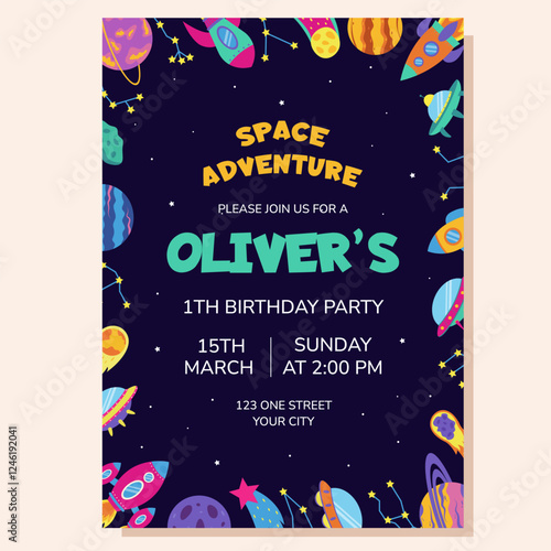 Space invitation for birthday party. Space elements. Poster, postcard, greeting card.