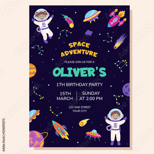 Space invitation for birthday party. Space elements and children astronauts. Poster, postcard, greeting card.