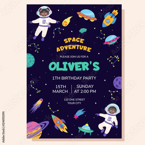 Space invitation for birthday party. Space elements and children astronauts. Poster, postcard, greeting card.