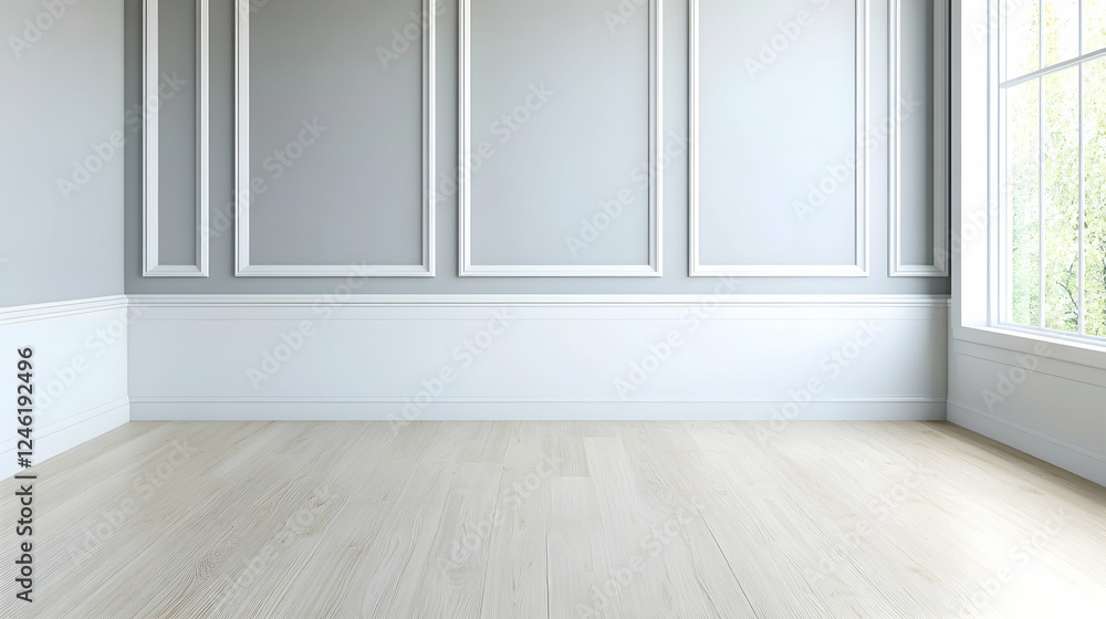 Empty room with grey walls and white trim, hardwood floor, and large window. Possible use Interior design inspiration or virtual staging Empty room with grey walls and white trim, hardwood floor, and large window. Possible use Interior design inspiration or virtual staging