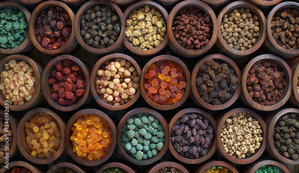 custom made wallpaper toronto digitalColorful dried fruits & seeds in bowls, wooden background, overhead shot, food texture