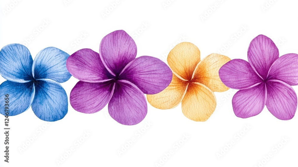 Obraz premium Watercolor Plumeria Flower Row Blue, Purple, Yellow Hues on White