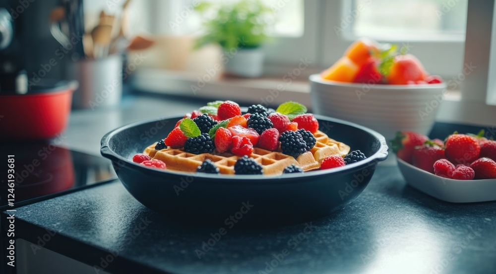 Delicious Waffles Topped with Fresh Berries in a Kitchen Setting Delicious Waffles Topped with Fresh Berries in a Kitchen Setting