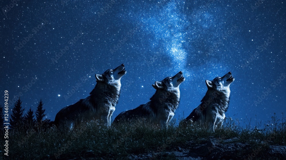 Three Wolves Howling Under a Starry Night Sky Three Wolves Howling Under a Starry Night Sky