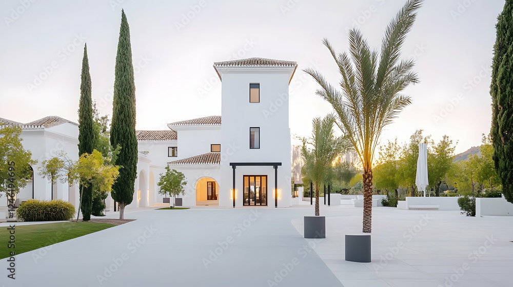 Modern white villa entrance, serene courtyard, ideal for real estate or luxury living background image Modern white villa entrance, serene courtyard, ideal for real estate or luxury living background image