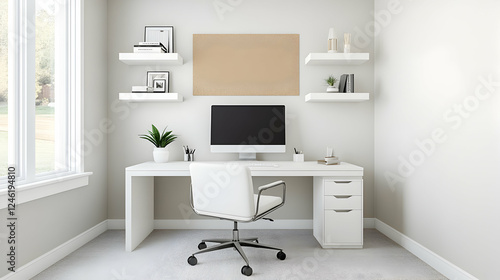 Modern workspace with computer and floating shelves, minimalist interior. Possible use stock photo for home office design, interior design catalog photo