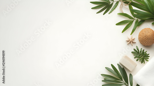 Natural Spa Items on White Background; Flatlay. Ideal for wellness or beauty product catalogs photo