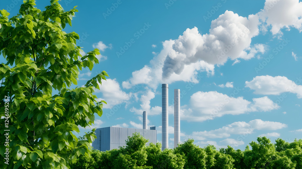 Fototapeta premium Power plant with trees and blue sky. Industrial landscape with nature. Possible use Environmental awareness image