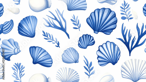 Wallpaper Mural Seamless pattern of blue seashells and sea plants Torontodigital.ca