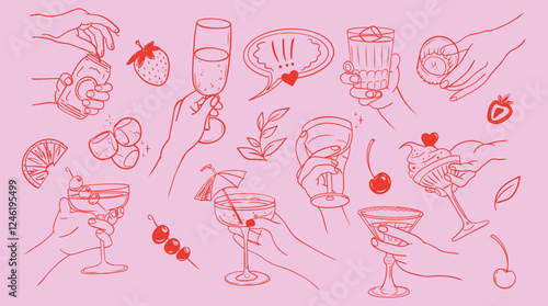 Hand drawn line art vector illustrations of drinks, fruits, and desserts with hands holding glasses, cups, and treats, set on a pink background, perfect for lifestyle, party, or celebration themes