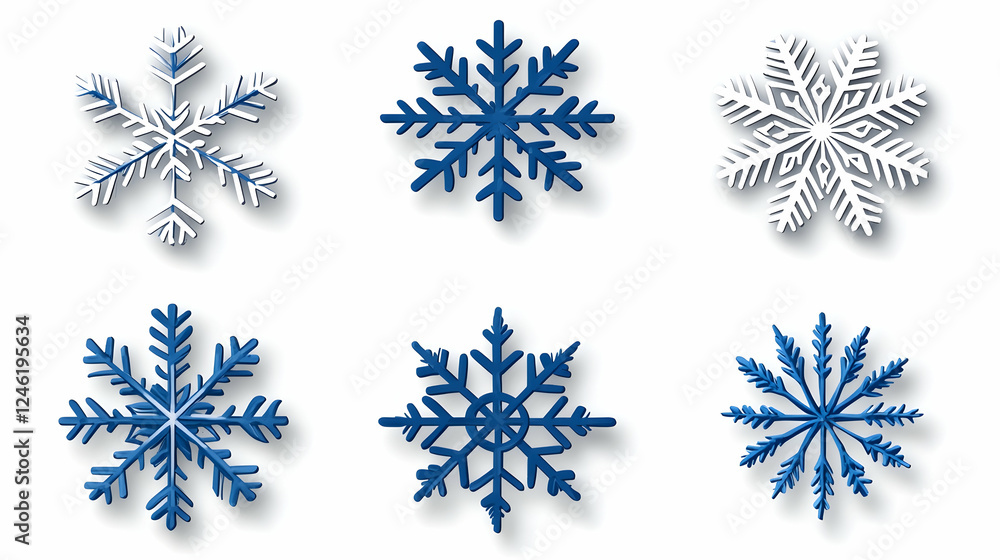 Six stylized snowflakes, graphic design, winter Six stylized snowflakes, graphic design, winter