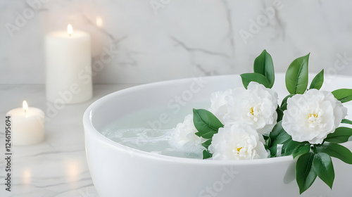 Spa tub with flowers and candles, peaceful scene, relaxation photo