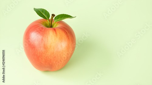 Fresh ripe apple on light green background, space for text. Generative AI photo