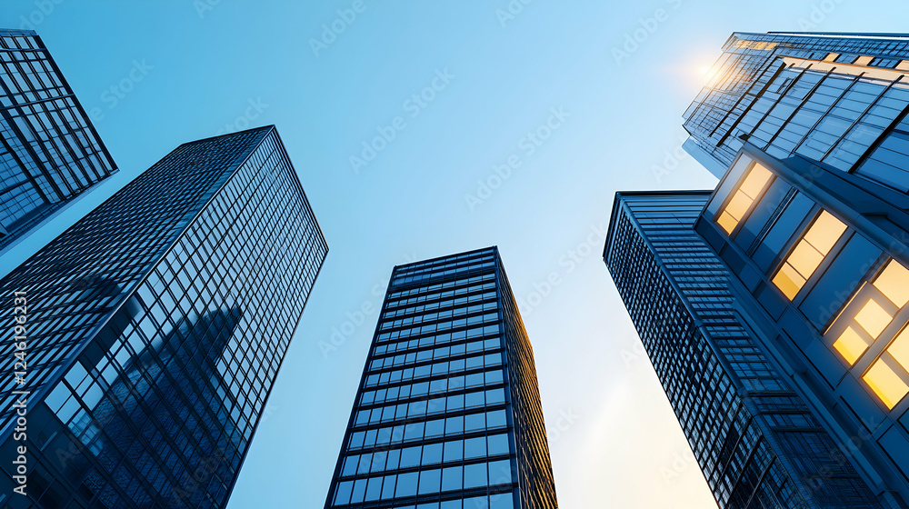 Urban skyscrapers, low angle view, modern architecture, illuminated windows, business district Urban skyscrapers, low angle view, modern architecture, illuminated windows, business district