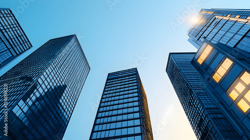 Urban skyscrapers, low angle view, modern architecture, illuminated windows, business district photo