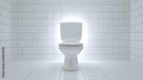 White toilet in a bright white tiled room.  Possible use Illustration or 3D model of a bathroom photo