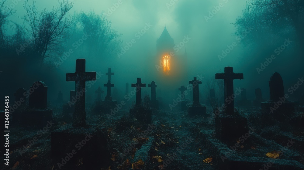 graveyard with many graves and crosses in the fog halloween background graveyard with many graves and crosses in the fog halloween background