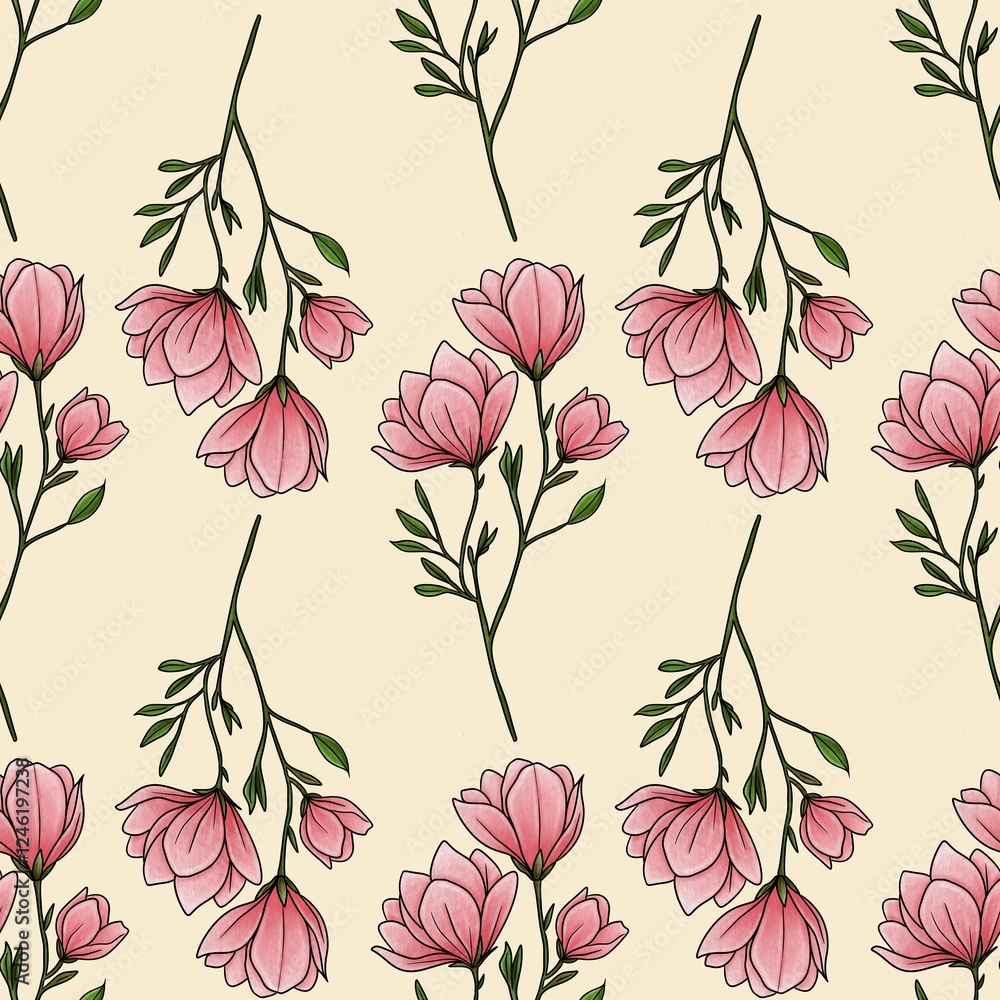 Obraz premium Seamless Pattern Magnolia Flower Line Branch Small Design on Pastel Yellow Background