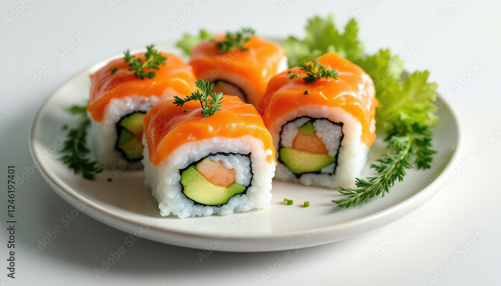 Delicious Salmon Avocado Sushi Rolls on Plate Delicious Salmon Avocado Sushi Rolls on Plate