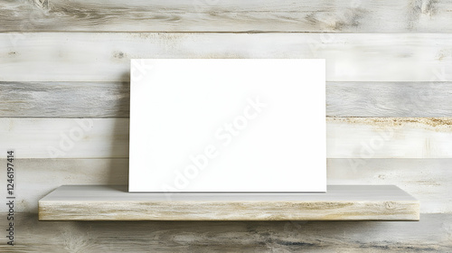 Blank white poster on wooden shelf photo