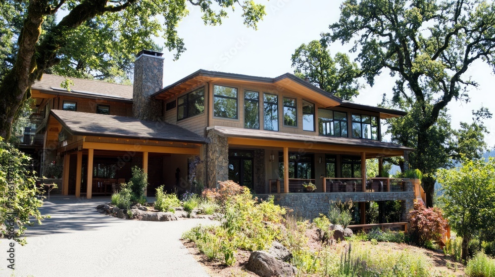 Modern hillside house with large windows, stone accents, and expansive deck. Modern hillside house with large windows, stone accents, and expansive deck.