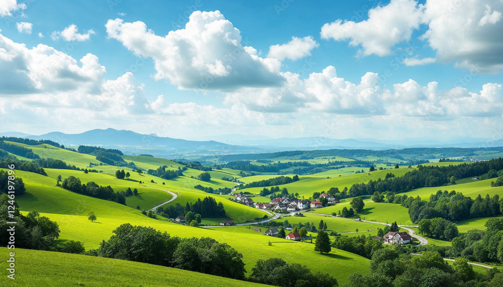 Rolling green hills, winding road, and a quaint village under a partly cloudy sky capture rural serenity.
Rolling green hills, winding road, and a quaint village under a partly cloudy sky capture rural serenity.