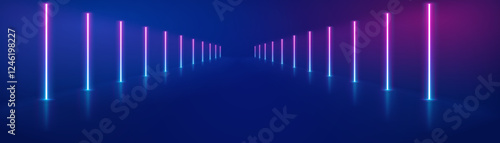 Neon lights frame, tunnel corridor portal. The geometric contour of the glow forms laser luminous lines. Vector background of road illuminates glowing light line with neon lamp in futuristic style.