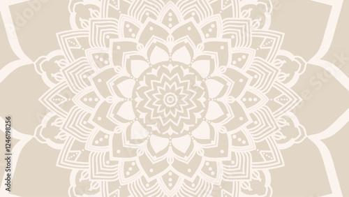 Round mandala on dreamy peach fuzz gradient background. Translucent mesh pattern in the form of a mandala. Mandala with floral patterns.Gradient background with round mandala.Vishal
