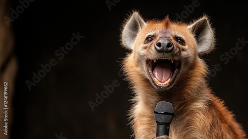 In a whimsical moment, a hyena is depicted delivering a stand-up comedy routine on stage, captivating the audience with humor and a playful spirit in a vibrant setting. photo