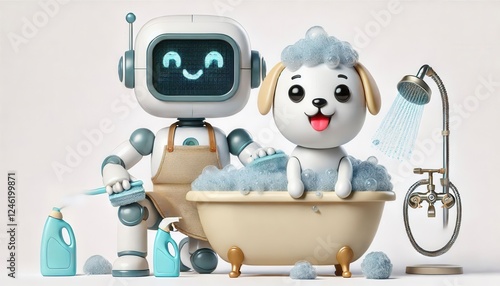 Cute robot bathing happy dog home setting illustration clean environment playful mood photo