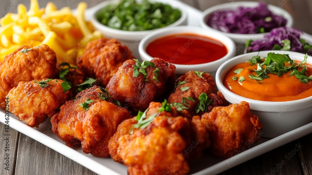 A platter of crispy fried chicken with dipping sauces and sides. A platter of crispy fried chicken with dipping sauces and sides.