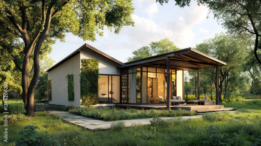 Modern house nestled in a lush green landscape, showcasing a contemporary design with large windows and a covered patio. Modern house nestled in a lush green landscape, showcasing a contemporary design with large windows and a covered patio.