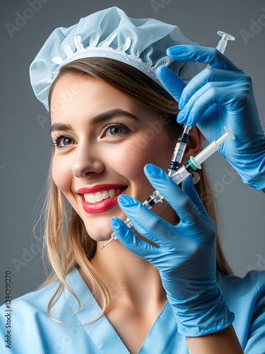 Beautiful doctor in blue gloves with anesthetic aspirating syringe. Dentist nurse. Cosmetology. Dentist prick. Dental tools photo