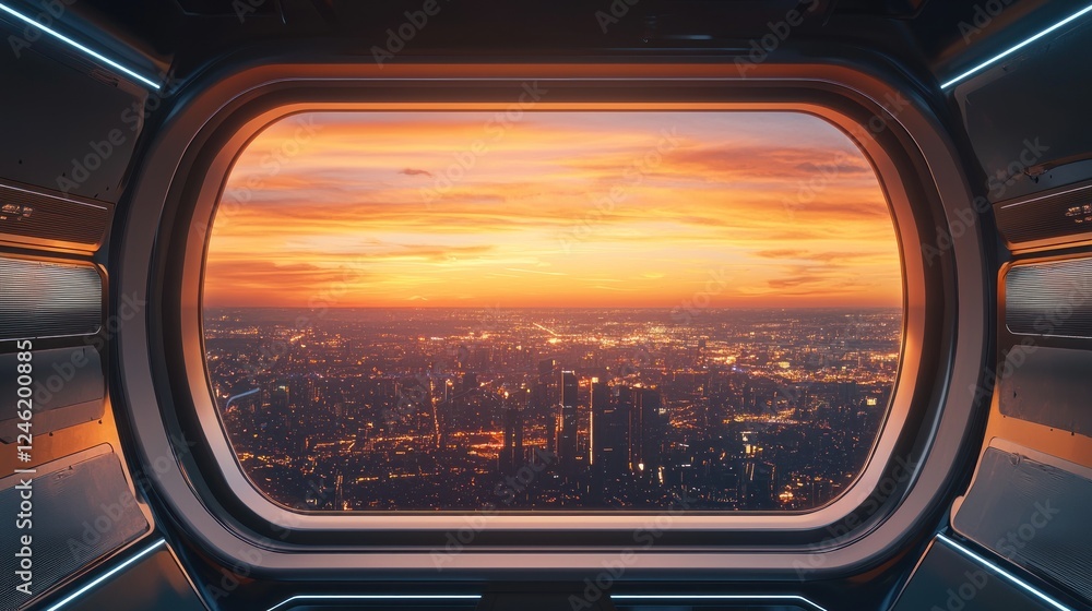 Futuristic Spaceship Window View of City Sunset Futuristic Spaceship Window View of City Sunset