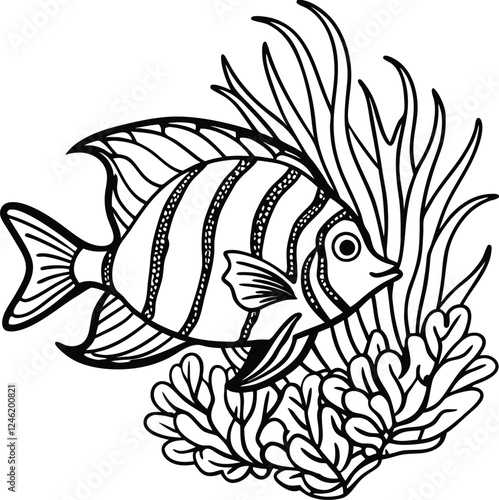 Black and white illustration of a striped angelfish in aquatic plants. coloring page for kids. KDP