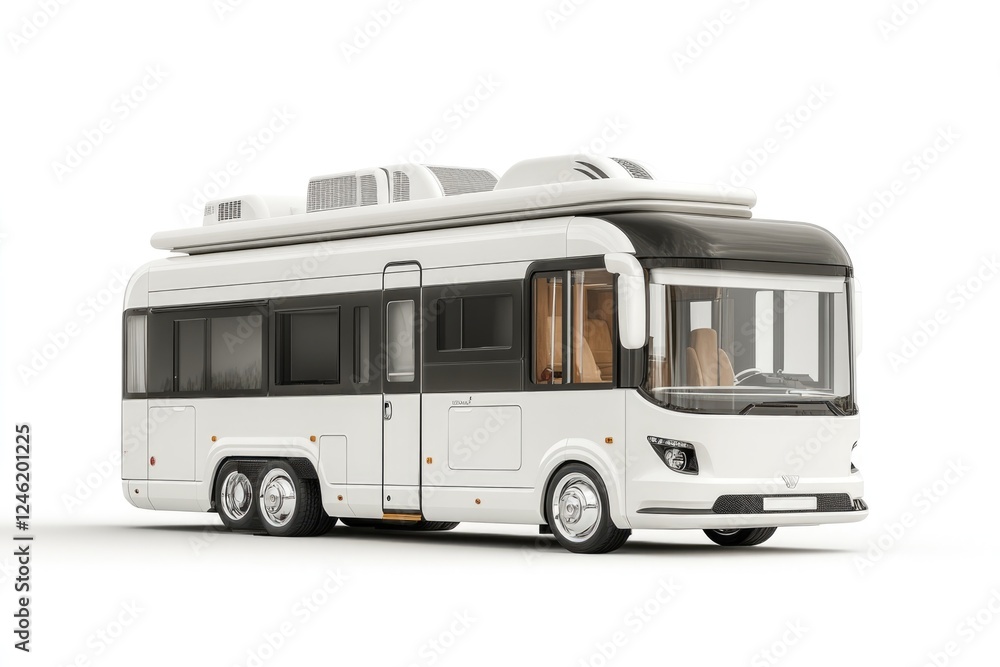 Sleek Aerodynamic RV With Modern Design Featuring Black Accents and a Silver Body Isolated on a Bright Background Sleek Aerodynamic RV With Modern Design Featuring Black Accents and a Silver Body Isolated on a Bright Background