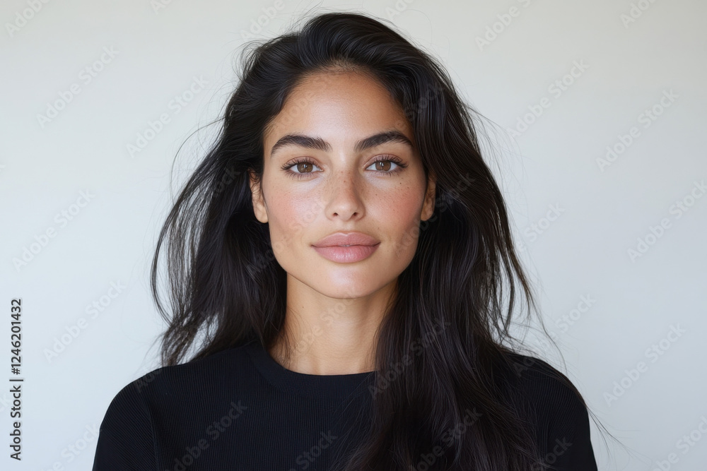 Beautiful brunette woman with long hair and freckles posing for a beauty portrait