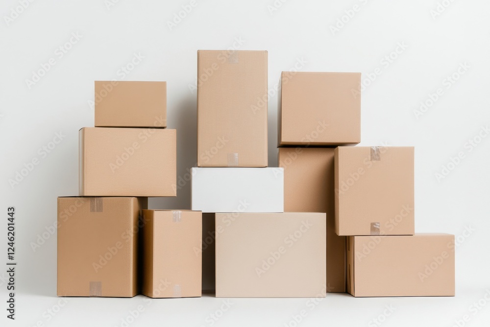Stacked cardboard boxes against white background Stacked cardboard boxes against white background