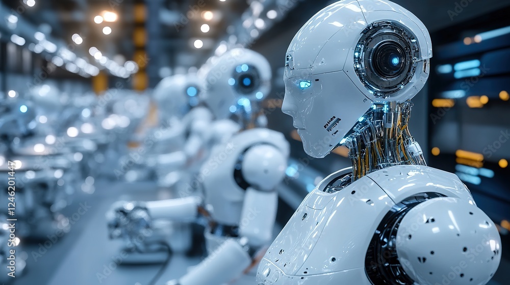 A factory floor fully automated with AI-powered robotic systems. A factory floor fully automated with AI-powered robotic systems.