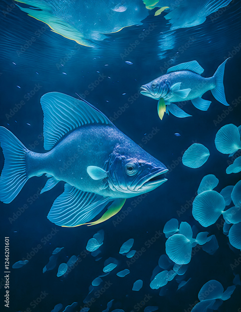 Two fictional blue fish swim in a deep blue ocean with an ethereal glow. The water is crystal clear, and you can see the fish's scales and fins. The fish look like they are swimming in a dreamscape