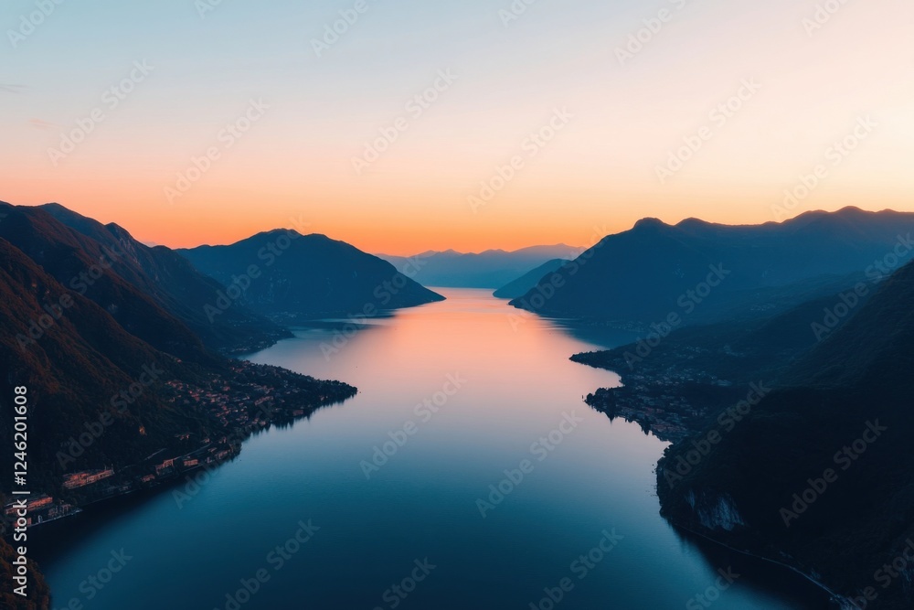 Serene sunset over tranquil mountain lake Serene sunset over tranquil mountain lake