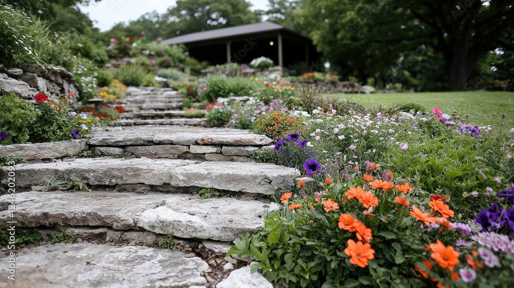 Fototapeta premium Stone steps lead to garden pavilion
